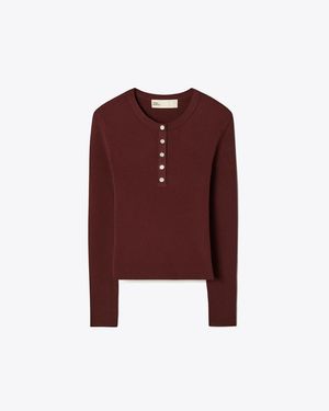 Tory Burch Ribbed Viscose Henley - Brown