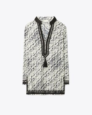 Tory Burch Silk And Cotton Tunic With Pixelated Logo Print - Grey