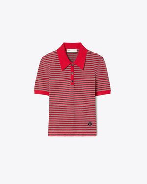 Tory Burch Striped Viscose Polo - Red