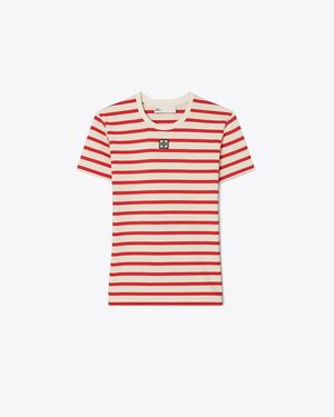 Tory Burch Striped Cotton T-Shirt - Red