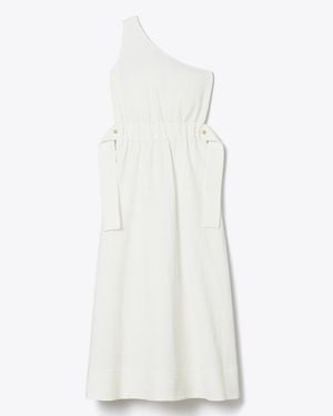 Tory Burch One-Shoulder Belted Cotton Dress - White