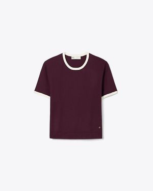 Tory Burch Contrast-Trim Short-Sleeve Jumper - Purple