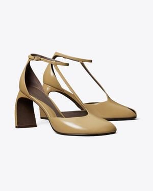 Tory Burch Peep-Toe T-Strap Heeled Sandal - Metallic