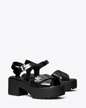 Tory Burch T Lock Lug Heel Sandals 50Mm Wedge Shoes, Leather - Black