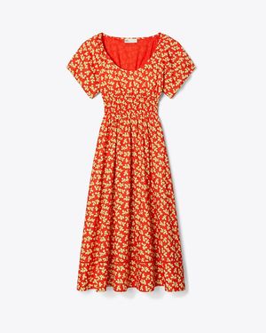 Tory Burch Poplin Leaf Print Midi Dress - Orange