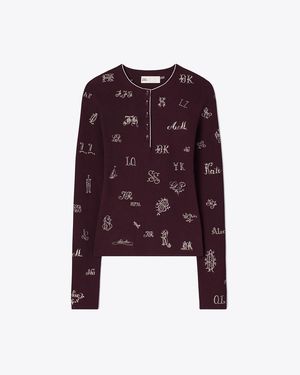 Tory Burch Embroidered Henley Jumper - Purple