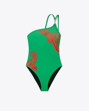 Tory Burch One-Shoulder Clip Swimsuit - Green