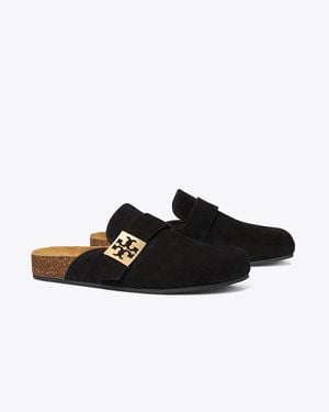Tory Burch Suede Slip-On Mules Logo Hardware - Black