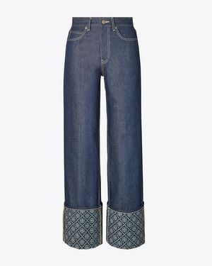 Tory Burch Contrast Cuff Straight Leg Jean - Blue