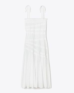 Tory Burch Shoulder Tie Smocked Cotton Dress - White