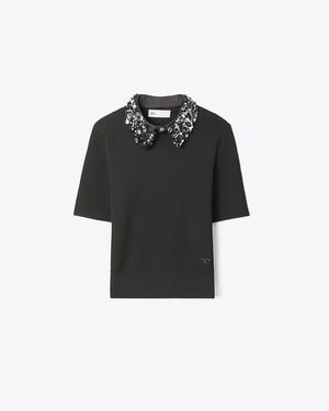 Tory Burch Embellished Collar Short-Sleeve Top - Black