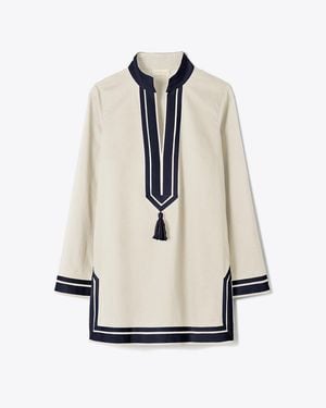 Tory Burch Cotton Short Dress With Contrasting Profiles - Natural