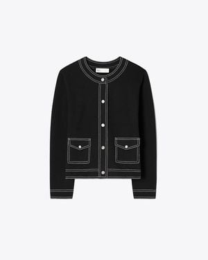 Tory Burch Topstitch Wool Cardigan - Black