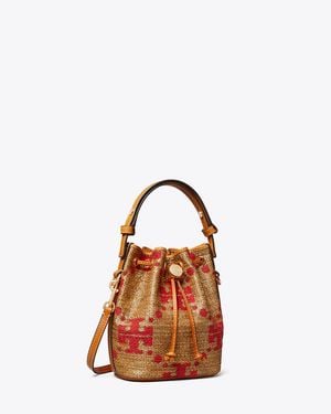 Tory Burch T Monogram Straw Mini Bucket Bag - Brown
