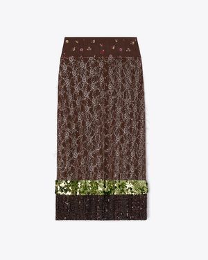 Tory Burch Embellished Lace Skirt - Brown