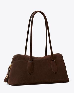 Tory Burch Lock Suede East-West Satchel - Brown