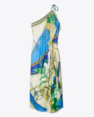 Tory Burch Printed One-Shoulder Cotton Dress - Blue