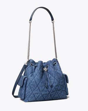 Tory Burch Charlie Quilted Denim Drawstring Shoulder Bag, One Size - Blue