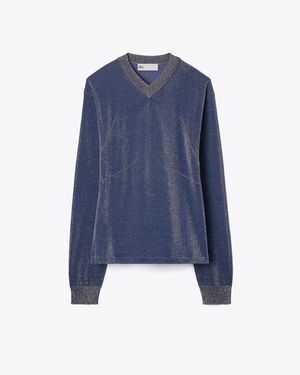 Tory Burch Metallic V-Neck Jumper - Blue