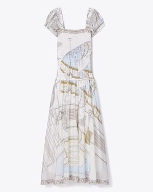 Tory Burch Printed Smocked Dress - White