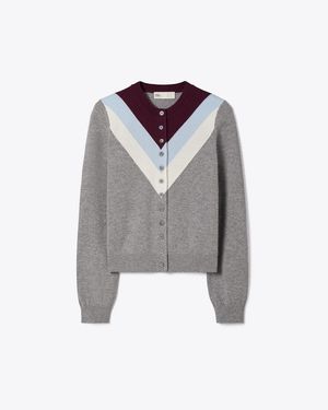 Tory Burch Chevron Wool Cardigan - Grey