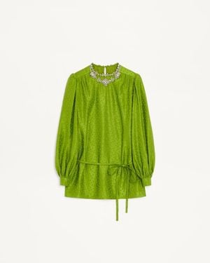 Valentino Besticktes Oberteil Aus Seiden-Leinen-Jacquard Mit Plus De Pois-Motiv Frau - Grün