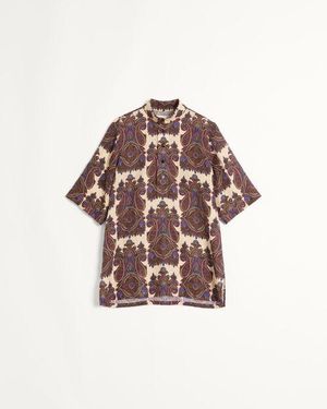 Valentino Kaftan Aus Leinen Mit Kurzen Ärmeln Und Voyage Imaginaire Print Mann - Mehrfarbig