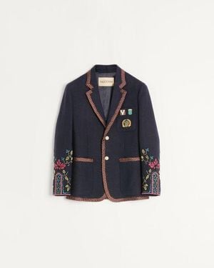 Valentino Einreihiges Leinenjackett Mit Perlenstickerei Und Applikationen Mann - Blau