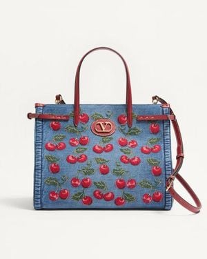 Valentino Garavani Antibes Mittelgrosser Shopper Aus Denim Mit Cherryfic-Stickerei Frau - Blau
