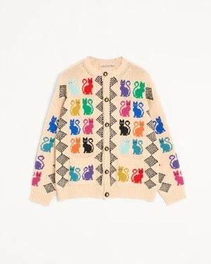 Valentino Cardigan Aus Wolle Mit Le Chat De La Maison Jacquardmuster Mann - Weiß