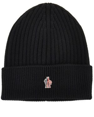 Moncler Logo Patch Wool Beanie Hat - Black