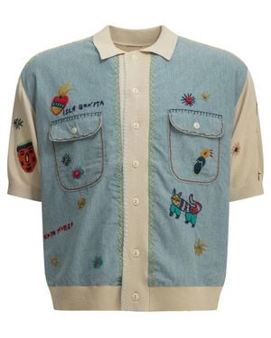 Kapital Knit X Chambray Polo Shirt - Blue