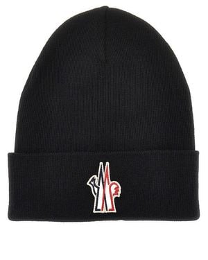 Moncler Logo Patch Wool Beanie Hat - Black