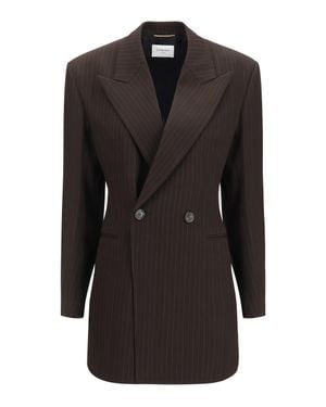 Saint Laurent Double-Breasted Pinstripe Wool Jacket Marron - Black