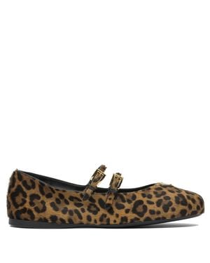 Prada Leather Ballet Flats With Animal Print - Brown