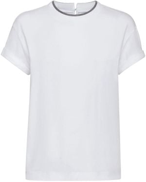 Brunello Cucinelli Embroidered Collar Cotton T-Shirt - White