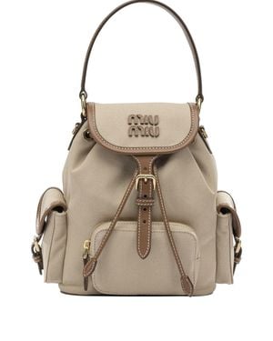 Miu Miu Canvas And Leather Backpack With Logo - Natural