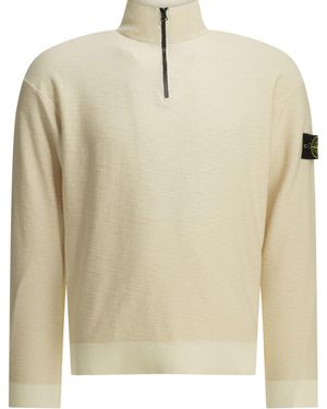 Stone Island Half Zippered Cotton Knitwear - Natural