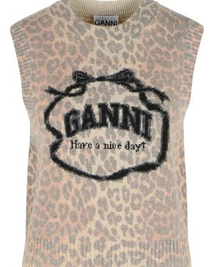 Ganni Leopard Wool Blend Vest - Grey