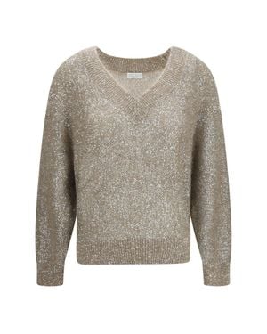 Brunello Cucinelli Sequined V-Neck Jumper - Grey