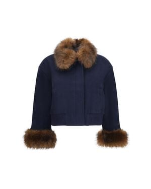 Self-Portrait Wool-Blend Jacket Faux Fur Collar - Blue