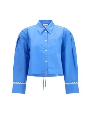 Ganni Cotton Shirt With Lace Details - Blue