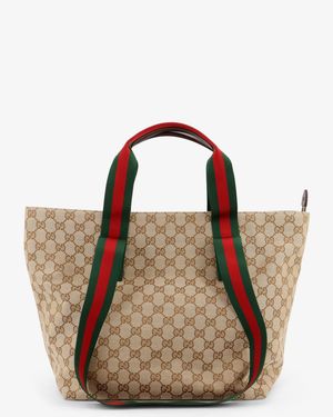 Gucci Gg Fabric Shopping Bag With Nastro Web Handles - Brown