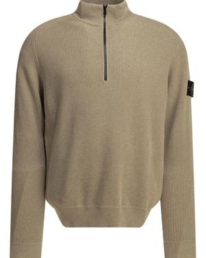 Stone Island Half Zippered Cotton Knitwear - Natural
