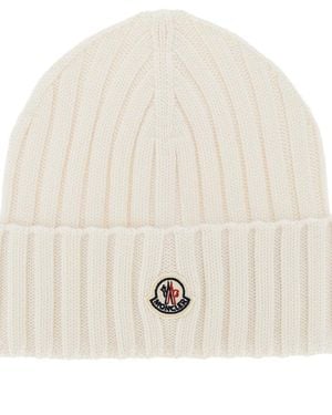 Moncler Wool Beanie Hat With Logo Patch - Natural