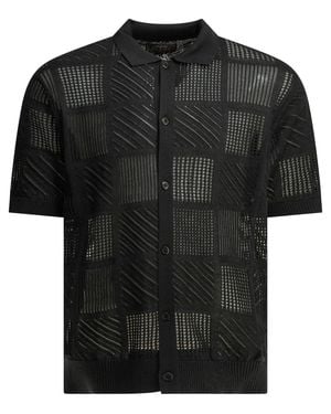 Beams Plus Cotton Nylon Spandex Textured Knit Button-Down Polo Shirt - Black