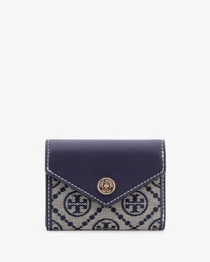 Tory Burch Leather And T Monogram Fabric Wallet - Blue