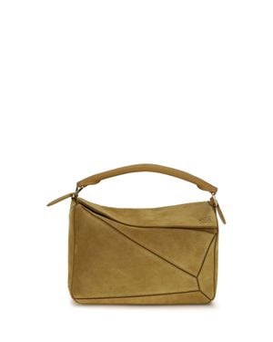 Loewe Small Featherlight Puzzle Suede Handbag Ochre - Green
