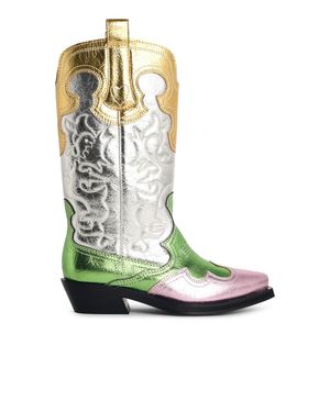 Ganni 'Western' Embroidered Boots With Medium Leg - Green