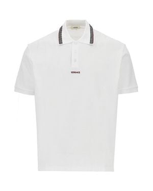 Versace Cotton Polo Shirt With Greca Motif - White